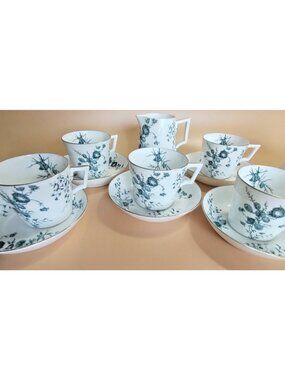 Royal Crown Derby Demitasse Creamer & Cup and Saucer Sets (5) Blue Fern Pattern